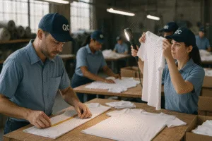 This image shows QC staff evaluating T-shirts using AQL sampling plans at a factory. The scene illustrates the real-world inspection process, highlighting measurement, visual checks, and the role of inspectors.