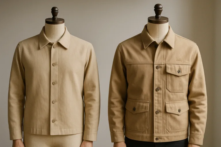 This comparison highlights the transformation from a simple fit block to a detailed, styled production sample, showing the impact of added pattern details.