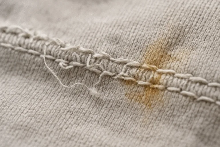 A close-up image showing a garment seam with broken threads, skipped stitches, and a small oil stain. This highlights how minor and major defects appear in actual products, supporting best practices in inspection.