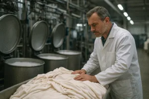 Shows an actual production process where cotton jerseys undergo enzyme wash to remove loose surface fibers, demonstrating how chemical finishing combats fabric pilling.