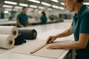 Shows a textile factory scene where the fabric's grainline is checked with a ruler during inspection of cotton and jersey rolls, supporting the importance of warp/weft alignment.