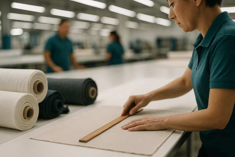 Shows a textile factory scene where the fabric's grainline is checked with a ruler during inspection of cotton and jersey rolls, supporting the importance of warp/weft alignment.