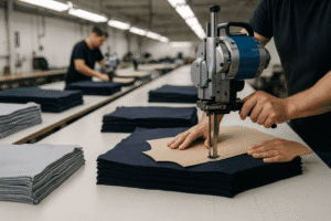 This image shows the cutting stage in a garment factory: fabric layers, paper patterns, and precise knife-cutting. It visualizes the importance of accuracy at the first step of the workflow.