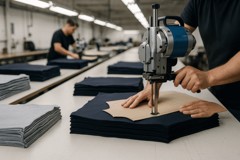 This image shows the cutting stage in a garment factory: fabric layers, paper patterns, and precise knife-cutting. It visualizes the importance of accuracy at the first step of the workflow.