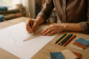 This image shows a technical pattern drafting scene, focusing on the precise tools, sample fabrics, and careful measurements. It illustrates the heart of fit and garment structure development.