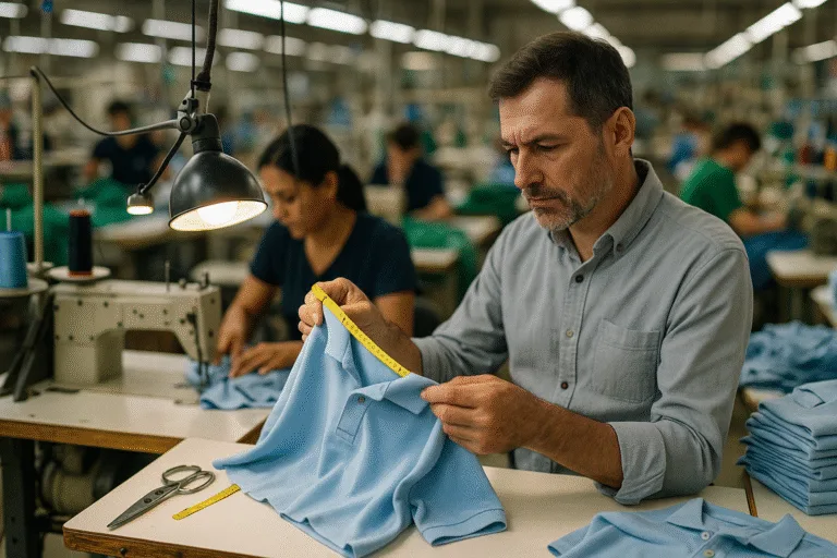 This scene shows the in-process QC phase on a garment production line, with a supervisor checking stitch quality, label placement, and measurements on semi-finished apparel as workers operate sewing machines. It demonstrates early defect detection and process discipline fundamental to high apparel quality control.