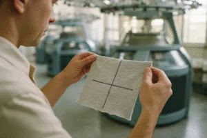 The image depicts a textile inspector measuring spirality on a knit fabric swatch using a marked cross to check for skew, supporting the section on main causes of twisting.
