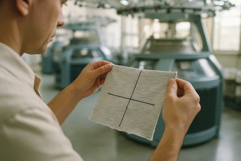 The image depicts a textile inspector measuring spirality on a knit fabric swatch using a marked cross to check for skew, supporting the section on main causes of twisting.