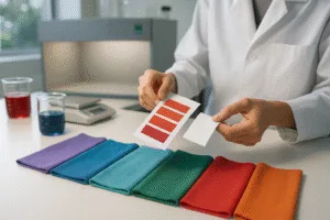 Image shows the hands of a technician aligning lab dip swatches next to a color card under proper light conditions, highlighting critical approval steps. This supports the section by visually explaining the controlled lab dip process central to color matching.