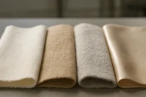 This image highlights the core visual and tactile differences among natural fiber fabrics, supporting fiber identification for new buyers or QC inspectors. Each fabric’s surface characteristics are clearly displayed.
