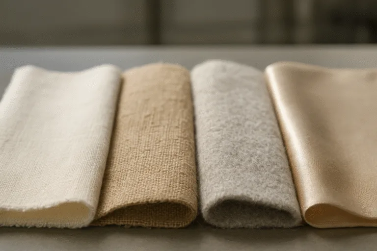 This image highlights the core visual and tactile differences among natural fiber fabrics, supporting fiber identification for new buyers or QC inspectors. Each fabric’s surface characteristics are clearly displayed.