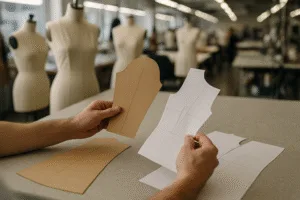 This macro shot captures various pattern blocks—bodice, sleeve, skirt—laid out for comparison, highlighting differences in shape and size. It underlines how each block acts as a foundation for its garment category.