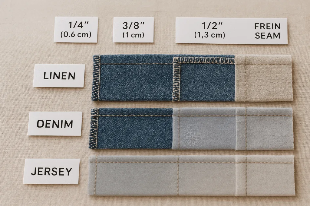 The photo displays real fabric swatches with different seam allowance widths clearly labeled, showing how SAs vary by fabric type and construction. This supports readers in visually comparing seams.
