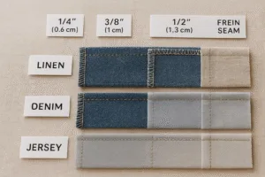 The photo displays real fabric swatches with different seam allowance widths clearly labeled, showing how SAs vary by fabric type and construction. This supports readers in visually comparing seams.
