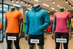 This image demonstrates how synthetic fabrics are showcased in sportswear retail: garments clearly labeled by fabric type, emphasizing performance characteristics to buyers.