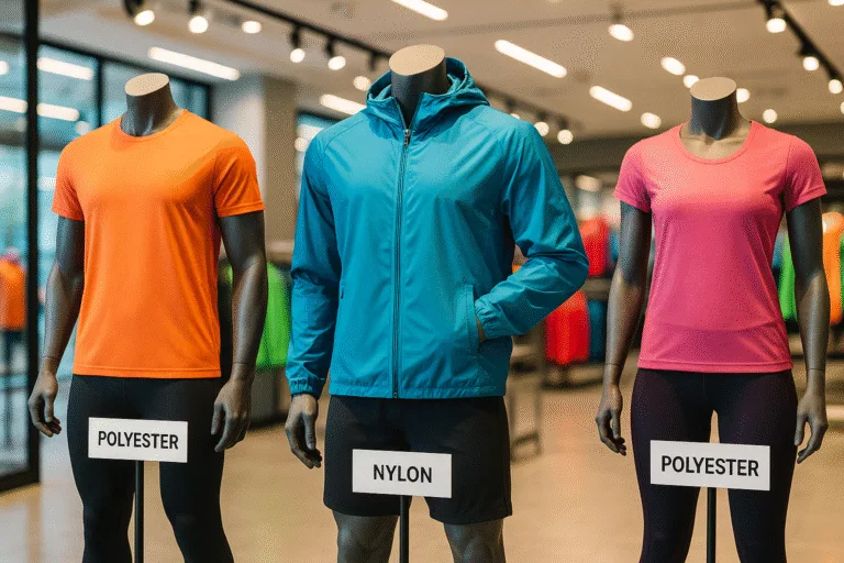 This image demonstrates how synthetic fabrics are showcased in sportswear retail: garments clearly labeled by fabric type, emphasizing performance characteristics to buyers.