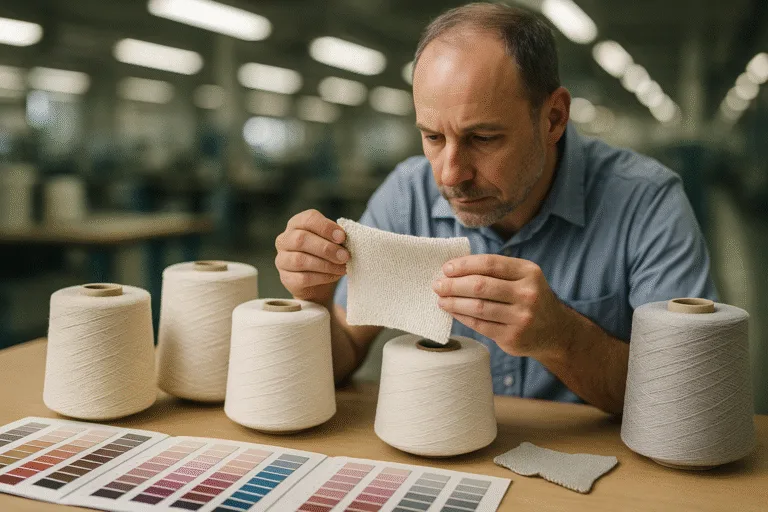 This image illustrates the careful selection and examination of cotton and polyester yarns alongside fabric swatches, emphasizing the critical first step of choosing and classifying raw textile inputs in apparel manufacturing.
