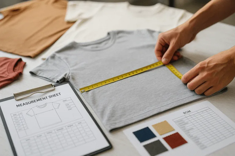 Shows a T-shirt laid flat as a tailor measures chest width against the tech pack sheet and BOM references, illustrating measurement and component alignment.