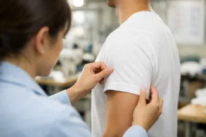 QC staff checking armhole fit on worn T-shirt in sample room
