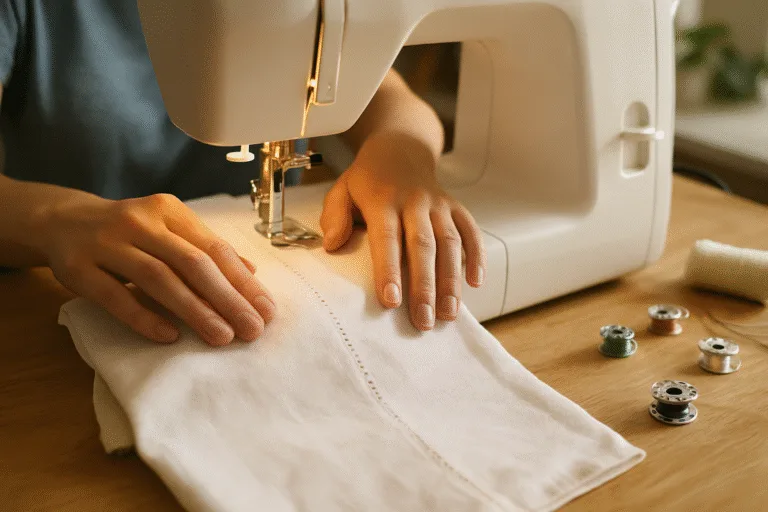 This photo shows a beginner developing sewing machine skills by practicing straight stitching on simple fabric, illustrating the hands-on foundation described in the basics section. The background and lighting evoke a welcoming, personal learning environment.