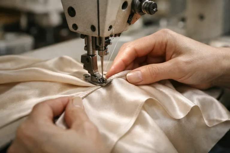 Sewing operator constructs bias-cut skirt panel focusing on seam technique