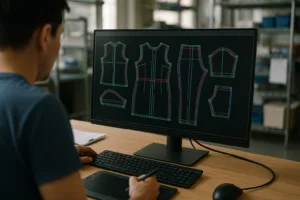 The photo depicts digital pattern block development and grading, capturing how modern factories use CAD systems for accuracy and efficiency. The visual supports information about the digital transition and scalable style adaptation.