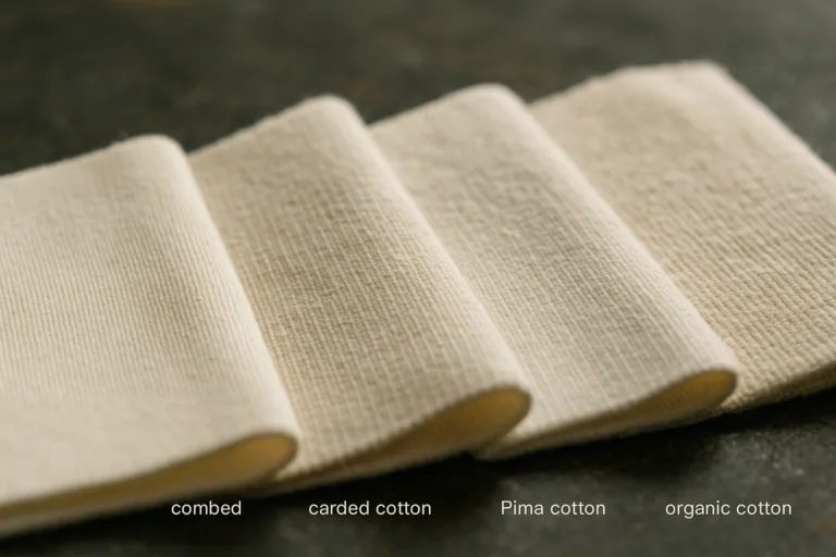 Close-up of combed, carded, pima, and organic cotton swatches on a factory table
