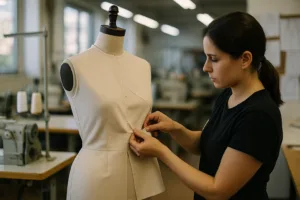 Sample maker fits a muslin with rotated darts on a dress form in production room.
