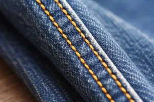 Macro photo of denim flat-felled seam with visible seam allowance application