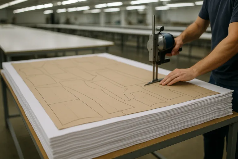 Garment factory worker setting markers on fabric lay for cutting process