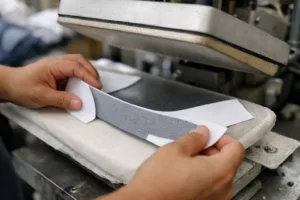 Worker fusing interfacing to shirt collar with press machine in garment factory