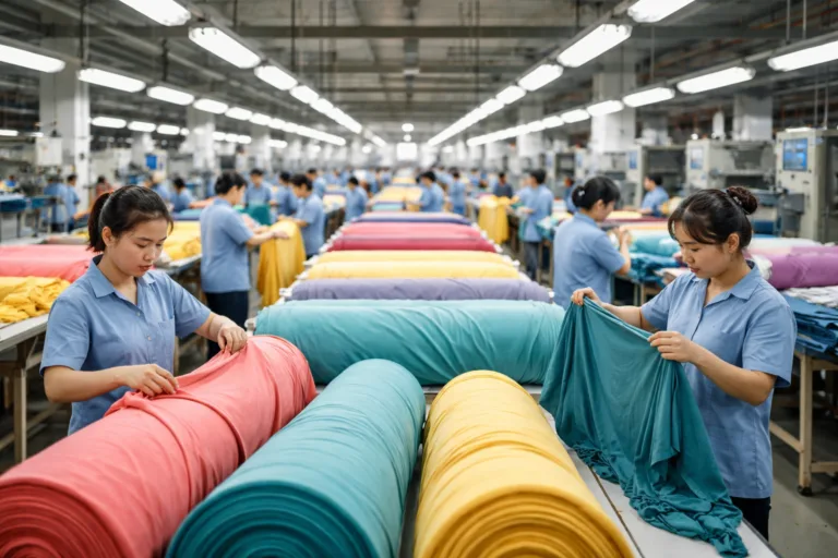 Factory workers inspecting dyed fabrics in textile production for colorfastness