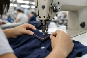 Sewing operator topstitching polo shirt collar on factory machine.