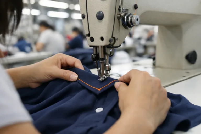 Sewing operator topstitching polo shirt collar on factory machine.