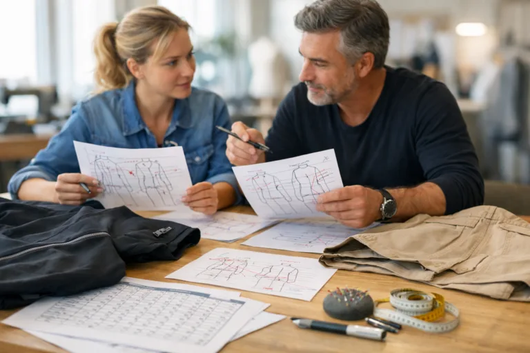 Team reviewing annotated fit correction documents beside prototype garments