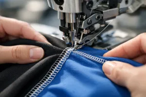 Close-up of flat seam on knit sportswear fabric under sewing machine in factory