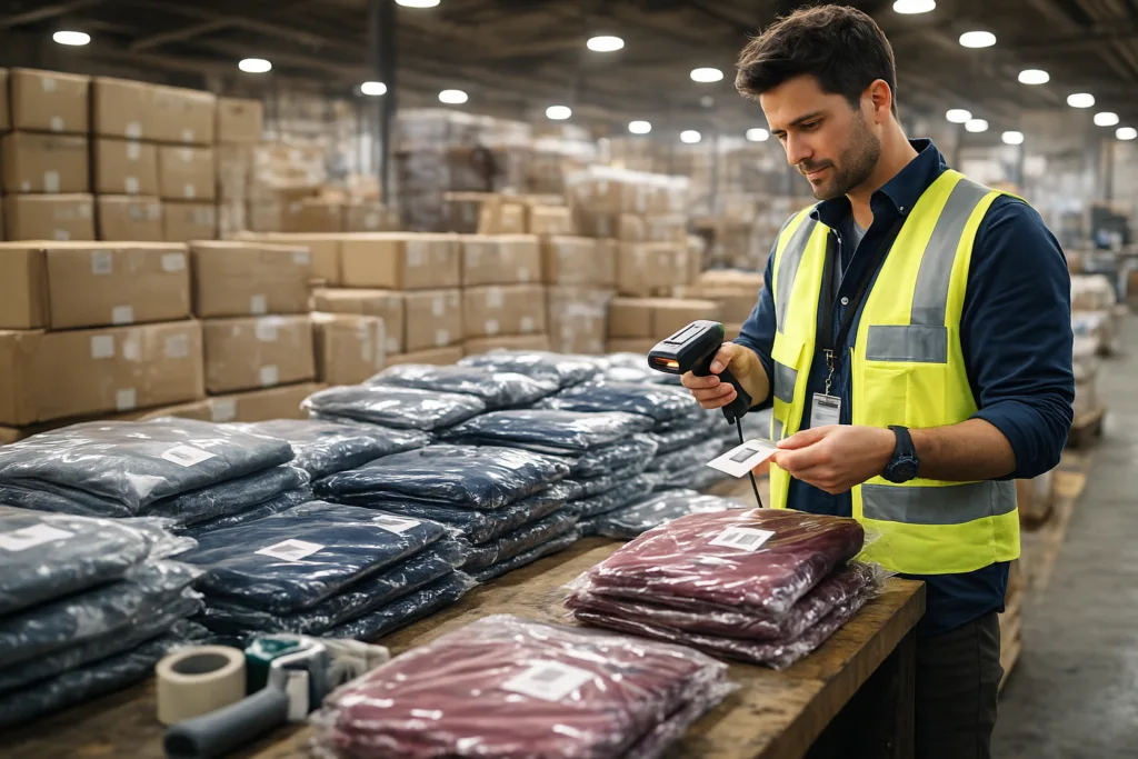 Quality supervisor oversees stacked cartons and checks barcode labeling in apparel warehouse