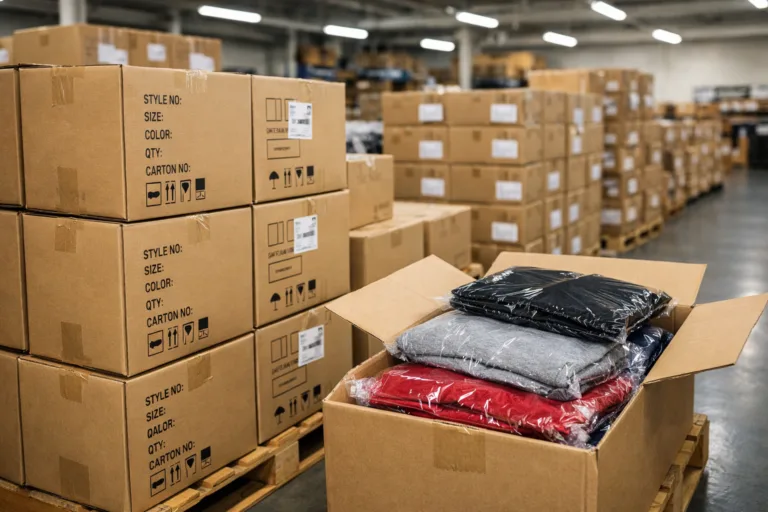 Cartons of packed garments arranged on pallets, showing clear labels and markings during final inspection