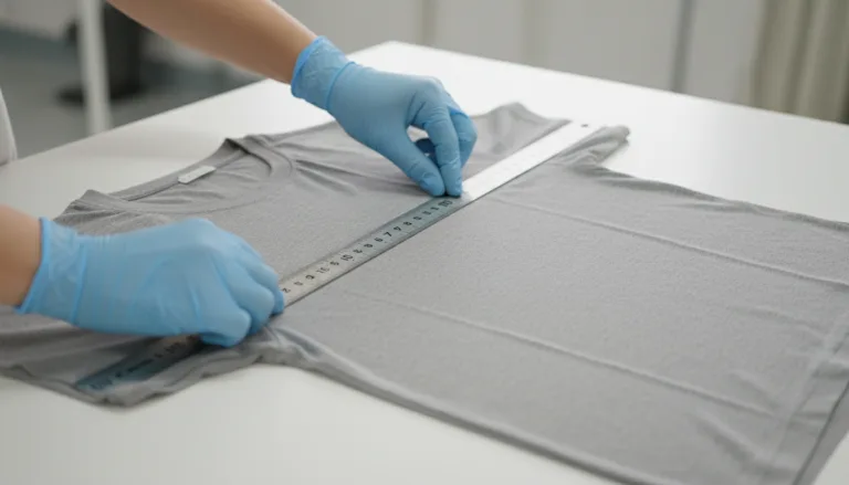 Garment measurement QC for knit T-shirt, technician using steel ruler on table