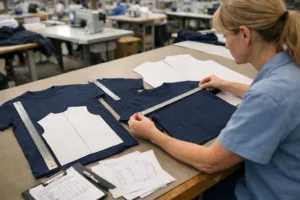 Quality inspector measures washed garment against original pattern pieces in factory