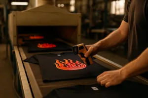 Technician checking garment print curing in factory dryer