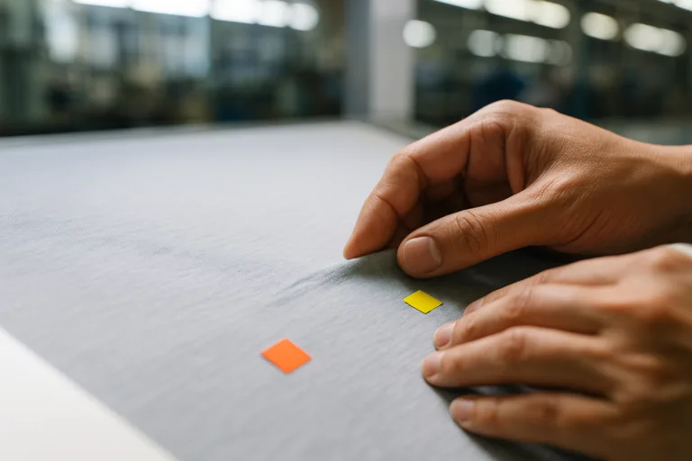 Shows hands carefully checking incoming fabric for holes, shade variation, and GSM, supporting the IQC section's focus on defect detection before production.