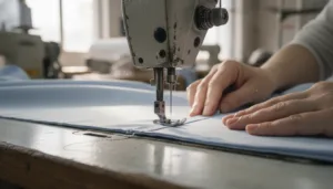 Operator using lockstitch machine to sew shirt panels in a bright factory