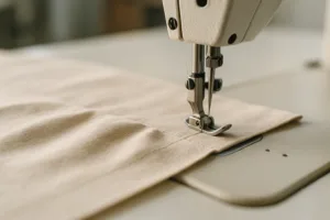 Macro detail of sewing puckering on a fabric seam under a factory machine