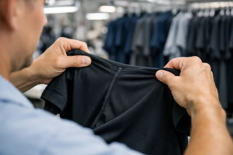Factory QC inspecting T-shirt seam strength with manual pull test