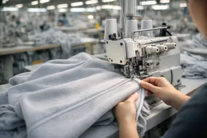 Operator finishing sweatshirt side seam with overlock machine in factory