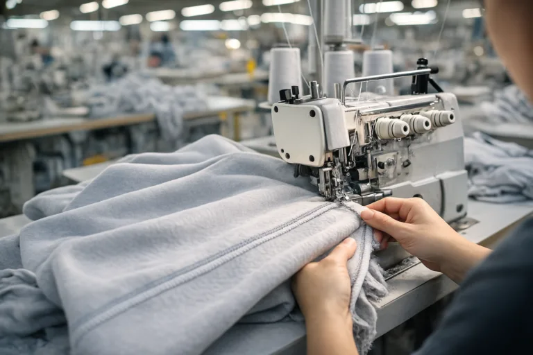 Operator finishing sweatshirt side seam with overlock machine in factory
