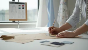 Pattern maker adding ease to shirt pattern with measuring tape