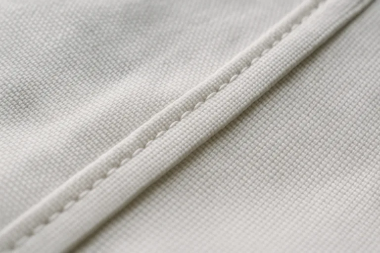 A macro photo accentuating the robustness of plain weave fabric and stitching, visually supporting the section about plain weave characteristics for practical garments.