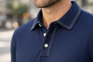 Model in polo shirt with clean single-needle and decorative topstitching
